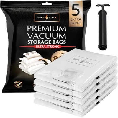 Afbeelding van GENIE SPACE Zeer Sterke Premium Ruimtebesparende Vacuum Zakken 5 x EXTRA GROOT (100x80cm) Luchtdicht &amp; Herbruikbaar Creëer 80% meer ruimte voor Kleding, Handdoeken, Beddengoed, Dekbedden