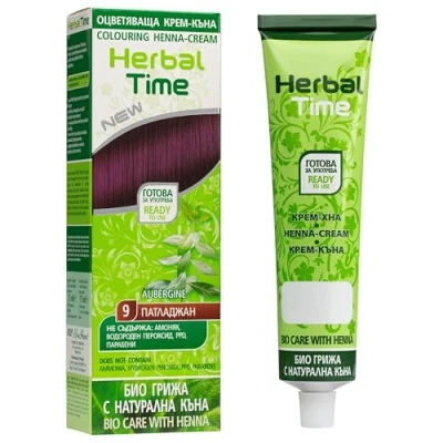 Afbeelding van Herbal Time Henna Natuurlijke Kleur Crème Aubergine Nº 9 Haar Dekt Grijzen Haren Tijdelijke Kleurstof Zonder Ammoniak, Sulfaten en Parabenen 75ml