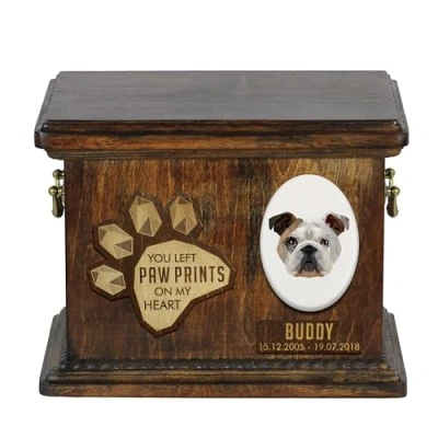 Afbeelding van Art Dog Aangepaste geometrische hondenherdenkingsurn Handgemaakte houten urn Op maat gemaakte hondencrematiedoos voor as 8,3x11,4x8,7 Engelse bulldog