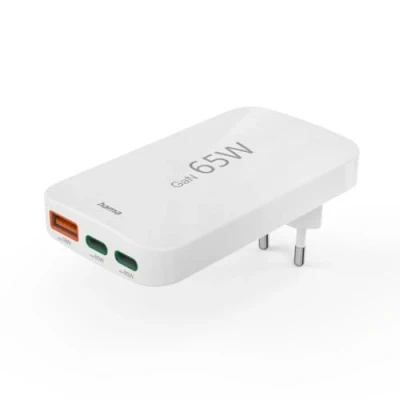 Afbeelding van Hama Snellader, 2x USB C, 1x A, platte mini oplader, PD, 65 W, wit