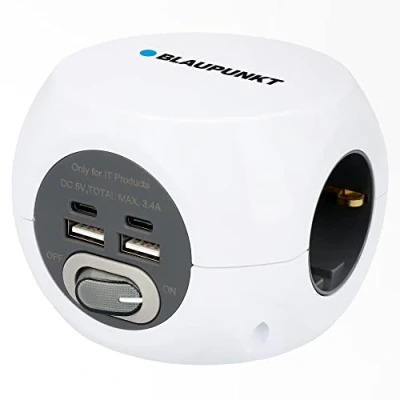 Afbeelding van BLAUPUNKT Stekkerdoos, meervoudige contactdoos, 3 voudig geaarde stopcontact, 2 voudige USB A + C, met aan/uit schakelaar, wit, 1,4 meter