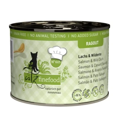 Afbeelding van catz finefood Ragout N 605 Zalm &amp; Eend kattenvoer nat fijnvoeding natvoer voor katten in saus zonder granen en suiker met een hoog vleesgehalte, 6 x 190 g blik