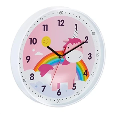 Afbeelding van Relaxdays unicorn klok, Ø 30 cm, wandklok eenhoorn, met cijfers, kinderklok regenboog, kunststof, meisjes, kleurrijk
