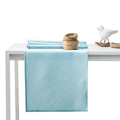 Afbeelding van AmeliaHome Tafelloper 30 x 80 cm, lotuseffect, waterafstotend, bladeren, lichtblauw Gaia