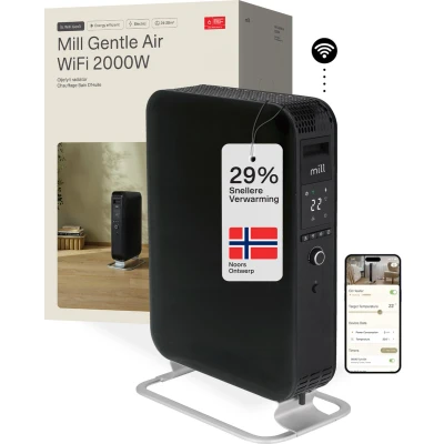 Afbeelding van Mill OIL2000WIFI3 Black WiFi geïntegreerde design olieradiator 2000 Watt tot 28m2 droogt de lucht niet uit zwart