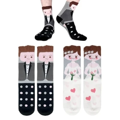 Afbeelding van 2 paar bruiloftssokken voor mannen en vrouwen, schattige sokken, cadeaus het bruidspaar, grappige kleine huwelijksgeschenken, sokken bruid bruidegom, kuitsokken verloving