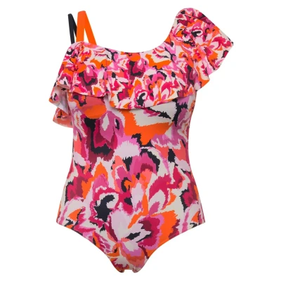Afbeelding van Ulla Popken, Dames grote maten, badpak Fabienne, one shoulder, volant, Batik Journey, geel, 50