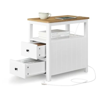 Afbeelding van VASAGLE Bijzettafel, smal nachtkastje met stekkerdoos, 2 laden, banktafel, voor kleine ruimtes, maritieme stijl, walnootbruin wit LET327W14