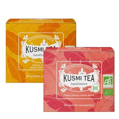 Afbeelding van Kusmi Tea AquaExotica &amp; AquaSummer Set van 2 Biologische kruidenthee zonder hein, fruitig en lekker Genieten warm of als ijsthee x 20 theezakjes.