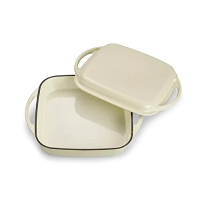 Afbeelding van Echtwerk Universele braadpan en serveerpan, 2 in 1 set, gietijzeren ovenschaal met deksel, pan emaille coating, geschikt voor oven, grill, barbecue inductie, crème, 1,5 l