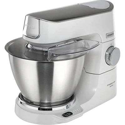 Afbeelding van Kenwood Titanium Chef Baker KVC65.001WH, Keukenmachine met Geïntegreerde EasyWeigh Weegschaal, 5L Kom, 3 Delige Accessoire set K klopper Ballongarde en Deeghaak, Spatel &amp; Spatscherm, 1200W, Wit