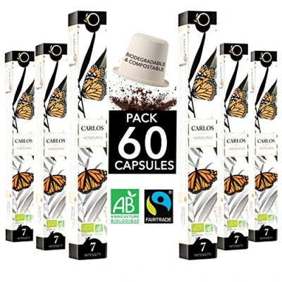 Afbeelding van Koffiecapsules Compatibel Nespresso Biologisch Fair Trade Arabica Koffie, Single Origin Honduras CARLOS Afbreekbare Cup Composteerbaar Ambachtelijk Gebrand 60 Koffie cups