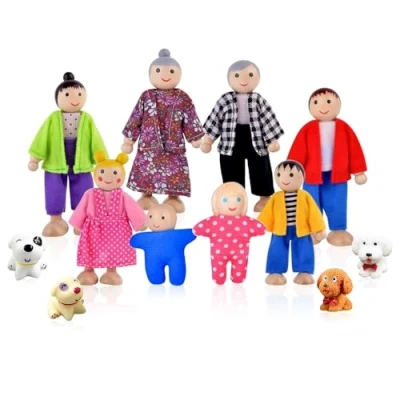 Afbeelding van Riisoyu 12 stuks poppenhuis poppenfamilie set, houten poppen speelset buigpoppen kinderen spel huis accessoires speelgoed cadeau