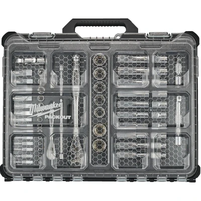 Afbeelding van Milwaukee 4932493661 PACKOUT Ratel En Doppenset Met 1/4&quot;En 1/2&quot;Aandrijving (63 delig)