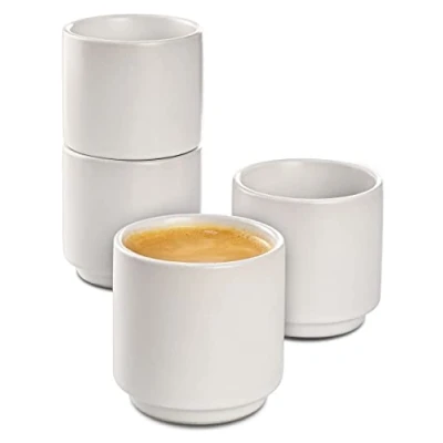 Afbeelding van Witte Keramische Espresso Kopjes Set van 4 Stapelbaar Ontwerp Dikwandig Vaatwasmachinebestendig 70 ml