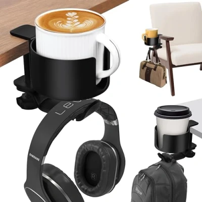 Afbeelding van Winter Shore 2 in 1 Bekerhouder met Hoofdtelefoon Hanger Pen, Kantoorspullen, Potlodenhouder voor Bureau Zware Kwaliteit Aluminium Materiaal Anti knoei Cup Houder Klem 360 Swivel Haak