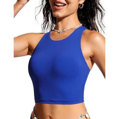 Afbeelding van CRZ YOGA Dames Racerback Bikini Tops Snel Droge Bescheiden Zwempak Top Sport Gewatteerd Badpak Golven blauw L