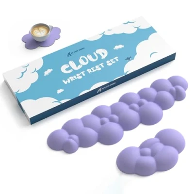 Afbeelding van ATTACK SHARK Cloud Toetsenbord Muismat Polssteun met Onderzetter Set, Ergonomische Handpalmsteun, Antislip Basis, Ultrazachte Geheugenschuim Polskussen voor Comfortabel Typen/Gamen Paars