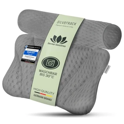 Afbeelding van SilverRack Badkussen, zacht, grijs dun, nekkussen voor badkuip met zuignappen als badaccessoire, kussen badkuip, badkussen ergonomische pasvorm