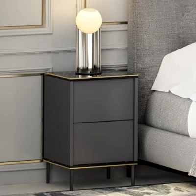 Afbeelding van Nachtkastje Shonna L40xH60cm Antraciet en zwart marmereffect met gouden rand Menzzo