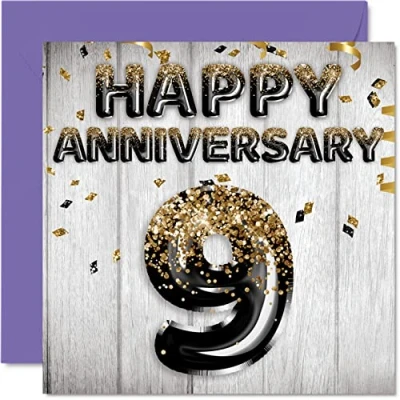 Afbeelding van Awesome Willow Anniversary Card voor Man Vriendje Vrouw Vriendin Zwart Goud Glitter Ballonnen Gelukkige 9e Verjaardag Kaarten van Familie, 145mm x Wenskaarten Negende Verjaardagen