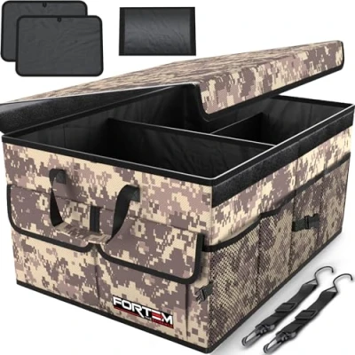 Afbeelding van FORTEM Auto Organizer, Kofferbak Achterbak Opvouwbare Organizer met Compartimenten, Antislip Bodem, Verstelbare Bevestigingsriempjes, Zacht Deksel (Woestijn, Large)