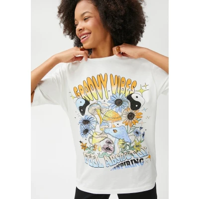Afbeelding van Koton CREW NECK Short Sleeve Tshirt print, Dames, Maat: 38, Ecru