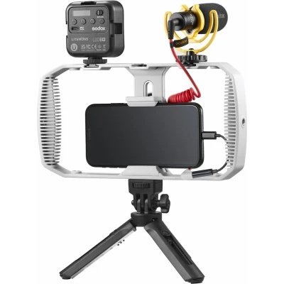Afbeelding van Godox VK1 LT Vlogging Kit (Lightning aansluiting) Inclusief: LED6R belichter Diffusor Bracket Microfoon Wind Cap Windscreen schuim Mini tripod Smartphone Rig