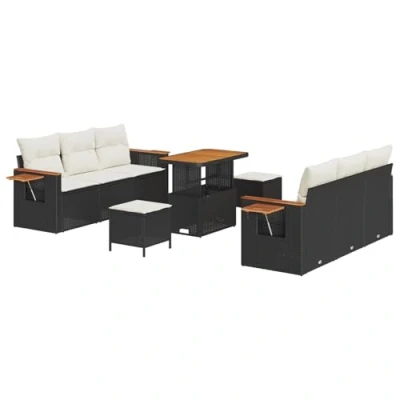 Afbeelding van vidaXL 9 delige tuinsofa set met kussens zwart poly riet en acacia
