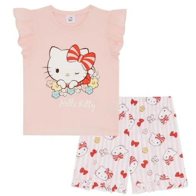 Afbeelding van Hello Kitty Korte pyjamaset met ruches en mouwen voor meisjes, 100% Katoen, Roze, 11 12 Jaar