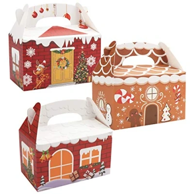 Afbeelding van BELLE VOUS 24 stuks kersttraktatiedozen 15 x 9 cm kersthuis kartonnen doos met handvat in 3 ontwerpen, elk 8 Zelf elkaar te zetten gunstdoos voor koekjes, snoepjes, truffels en