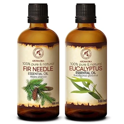 Afbeelding van Set ethersiche oliën, 2x 100ml, sparrennaald, Siberisch olie, eucalyptusolie, aromatherapie, cadeuaset, pure naaldoliën voor diffusers en geurlampen, oliën zeepmaken, kaarsen