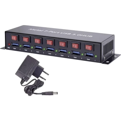 Afbeelding van Renkforce RF 3269622 USB 3.2 Gen 1 hub 7 poorten Met metalen behuizing, Individueel schakelbaar, Voor wandmontage Zwart
