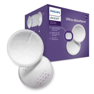 Afbeelding van Philips Avent Borstkompressen 60 stuks Extra dun en absorberend Lekvrij Ademende buitenlaag Honingraatbovenlaag 2 Plakstrips Afzonderlijk verpakt SCF254/61