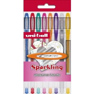 Afbeelding van Uni Ball Case 8 Roller um 120 Sparkling. Inkt Gel Effect purpurpurina. Kleuren gesorteerd.
