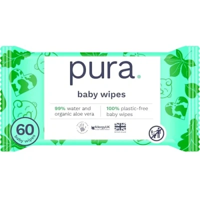 Afbeelding van Pura Eco vriendelijke babydoekjes, 100% plasticvrij, 99% water, biologisch afbreekbaar, composteerbaar, veganistisch, geschikt voor de gevoelige, eczeemgevoelige en pasgeboren huid, veganistisch