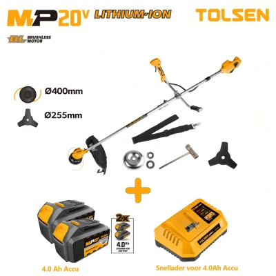 Afbeelding van Tolsen Grastrimmer op Accu Brushless 20V Li ion 450W voor Gras en Struiken Snijcapaciteit Gras: 400 mm Struiken: 255 Incl. 2x 4.0Ah accu, 1x snellader &amp; accessoires