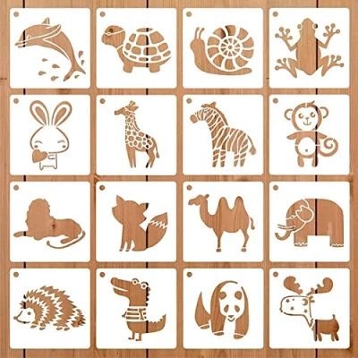 Afbeelding van 16 stuks kunststof schildersjablonen, dierschildersjablonen, herbruikbaar, van kunststof, sjablonen, dieren voor kinderen, diervormen, doe het zelf handwerk, scrapbooking, schilderen