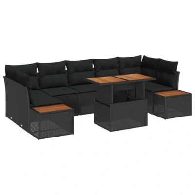 Afbeelding van vidaXL 8 delige tuinset met kussens in zwart poly rattan en acacia