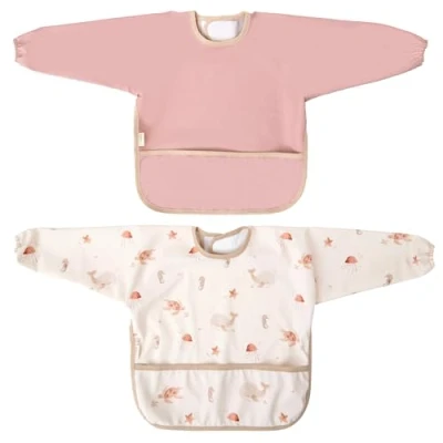Afbeelding van MIMUSELINA Set van 2 waterdichte babyslabbetjes met mouwen, slabbetjes verstelbare klittenbandsluiting, elastische manchetten en voorzak, gemaakt in Spanje, Roze, One size