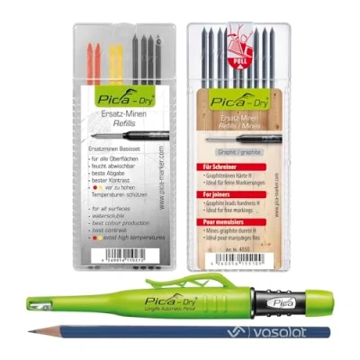 Afbeelding van Pica Marker Set Dry markeerstift met 10 reservevullingen, hardheid H voor timmermannen en 8 vullingen grafiet 2B/rood/geel
