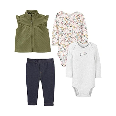 Afbeelding van Simple Joys by Carter&#039;s baby meisjes 4 delige bodysuit en vest set, Grijs/Indigo/Olijf/Witte Bloemen, pasgeborene