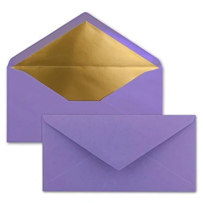 Afbeelding van 75 enveloppen DIN lang paars met goud metallic voering 110 x 220 mm nat lijmen feestelijke voor uitnodigingen
