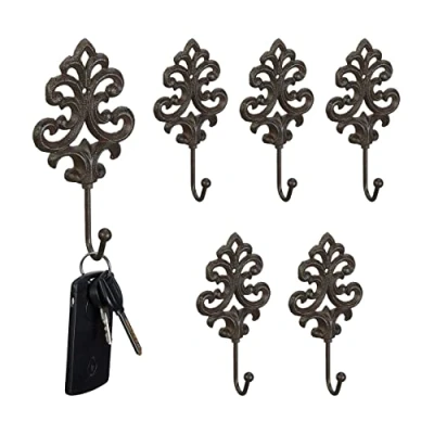 Afbeelding van Relaxdays kapstokhaken, set van 6, gietijzer, antiek design, haakje HxBxD: ca. 17 x 8,5 4,5 cm, kledinghaken, bruin