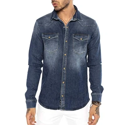 Afbeelding van Redbridge Premium denim hemd jeanshemd casual vrijetijdshemd, M5032 donkerblauw, XL