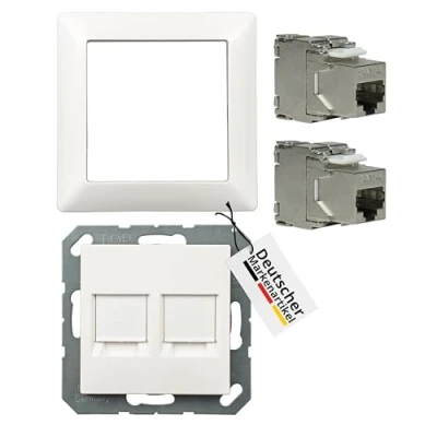 Afbeelding van tsnetworks Datalendozen set Jung afdekking 2 voudig A569 2NWEWW en 1 frame AS581WW incl. 2x Keystone Jack module Cat.6A 500Mhz 10Gbit ..