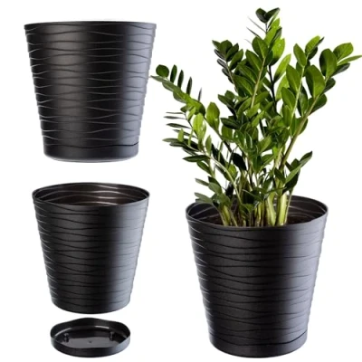 Afbeelding van KADAX bloempot met onderschotel, plantenpot voor binnenshuis, lichte van kunststof, ronde bloemen en planten, (15 cm, antraciet)