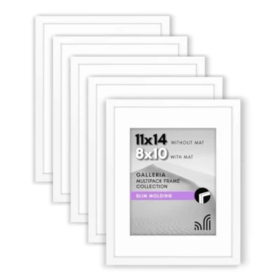 Afbeelding van Americanflat 11x14 fotolijst in wit toont 8x10 met mat en zonder set van 5 frames zaagtand opknoping hardware voor horizontale verticale weergave