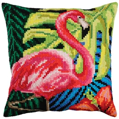Afbeelding van Collection d&#039;Art 5361 roze flamingo kruissteekkussen, katoen, meerkleurig, 40x40cm
