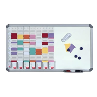 Afbeelding van Nobo T kaartenplanningsset met magnetisch whiteboard, wandmontage, stalen oppervlak, 8 kolommen en 24 sleuven, maat 2, incl. kaarten, indexkaarten, whiteboardstiften, magneten gum, 2951400